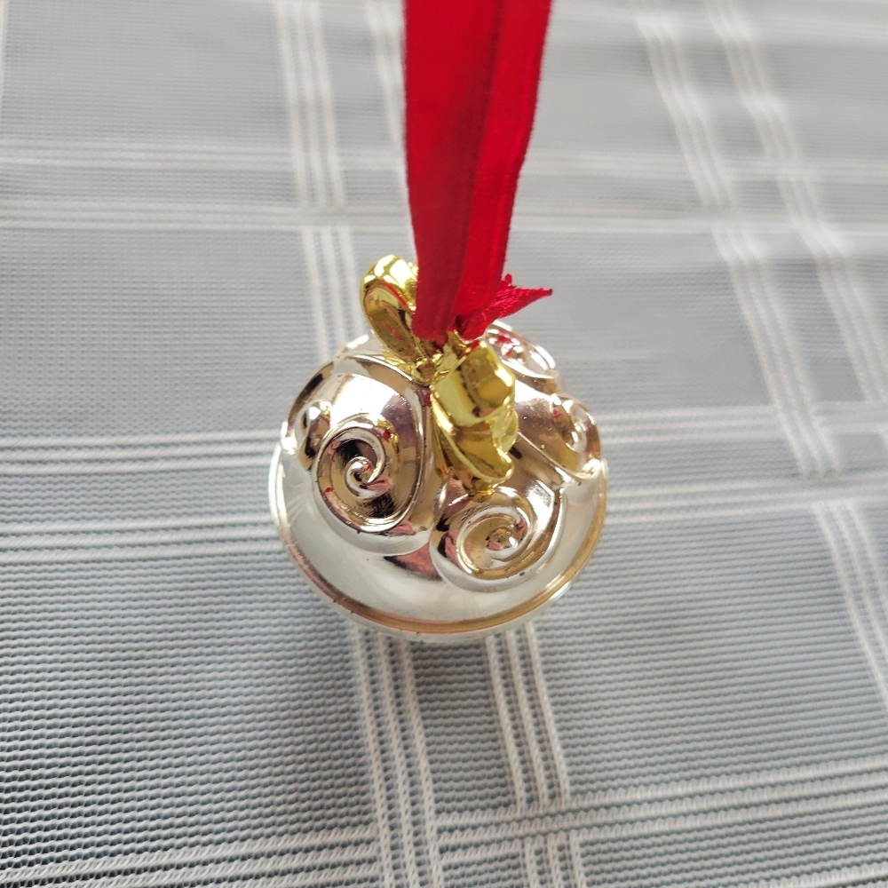 Silver Jingle Bell Ornament with Red Ribbon